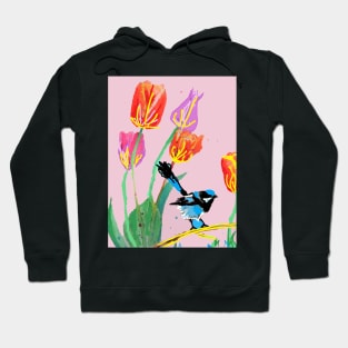 Abstract Blue Wren and Tulips Painting - on Pale Pink Hoodie